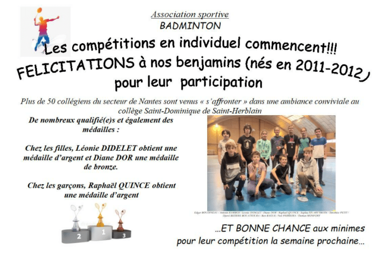 Lire la suite à propos de l’article AS Badminton : Championnat individuel Nantes Benjamins