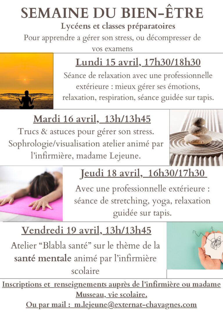Lire la suite à propos de l’article 2° édition, semaine du bien-être pour les lycéens et élèves de prépa