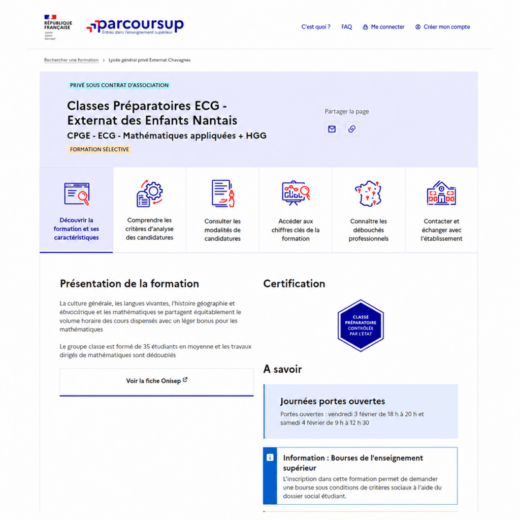 Fiche Parcoursup de la classe préparatoire ECG de l’Externat des Enfants Nantais